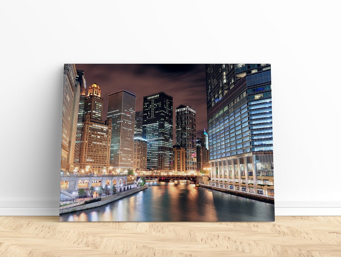 Chicago River at Night Illuminated Downtown Skyscrapers City Poster