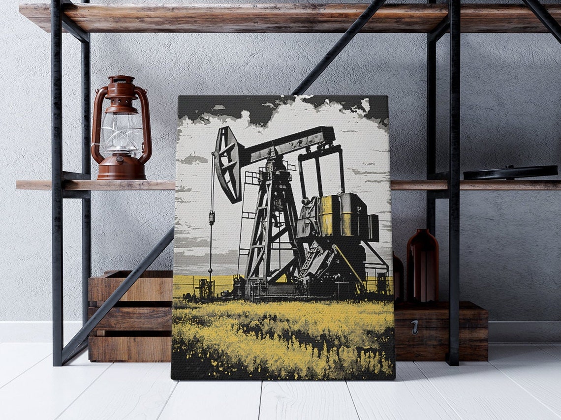 Yellow And Black Oil Pumpjack In Wildflower Field Pop Art Style Poster - Image 2