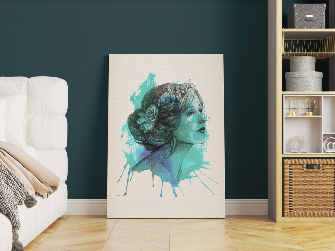 Teal Watercolor Woman Portrait With Floral Crown Artwork Poster - Image 3