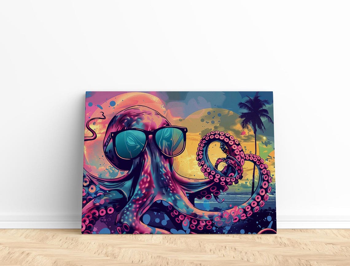 Neon Octopus With Sunglasses Synthwave Beach Scene Art Poster