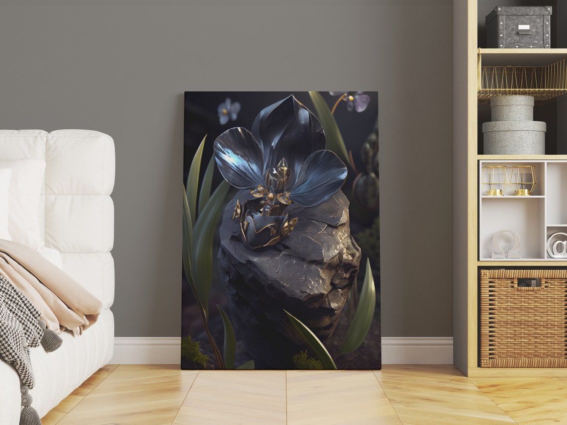 Black Orchid Flower On Dark Stone Moody Botanical Wall Poster - Image 2