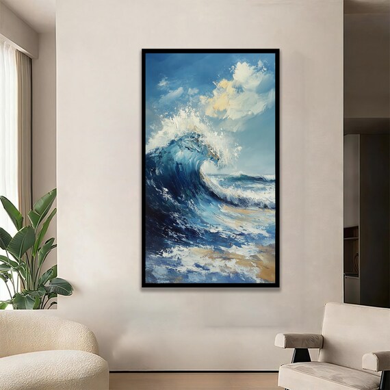 Dramatic Blue Ocean Surf Wave Crashing Coastal Oil Painting Poster