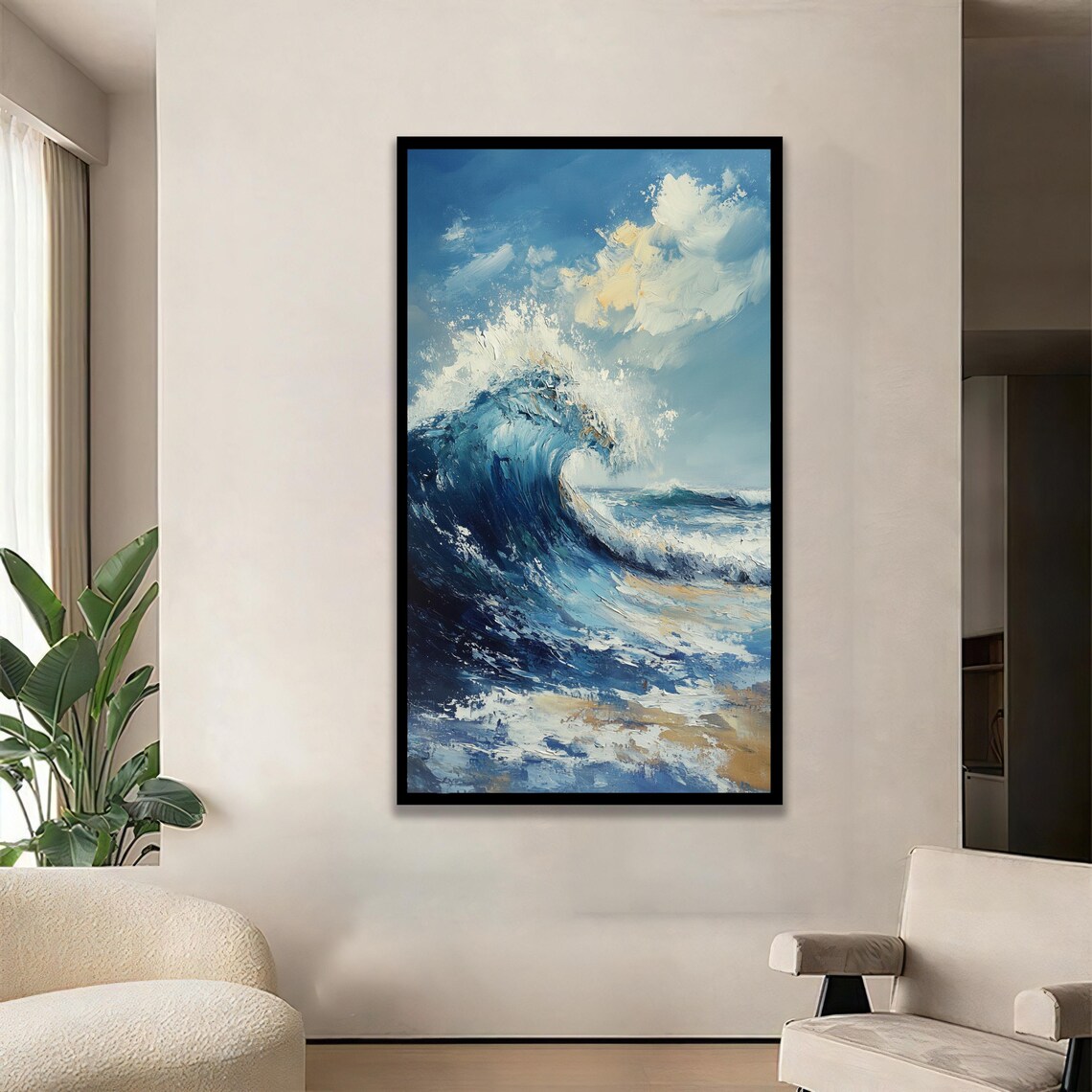 Dramatic Blue Ocean Surf Wave Crashing Coastal Oil Painting Poster