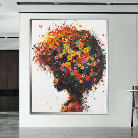 African Woman Portrait With Colorful Flowers For Hair Vibrant And Artistic Wall Art