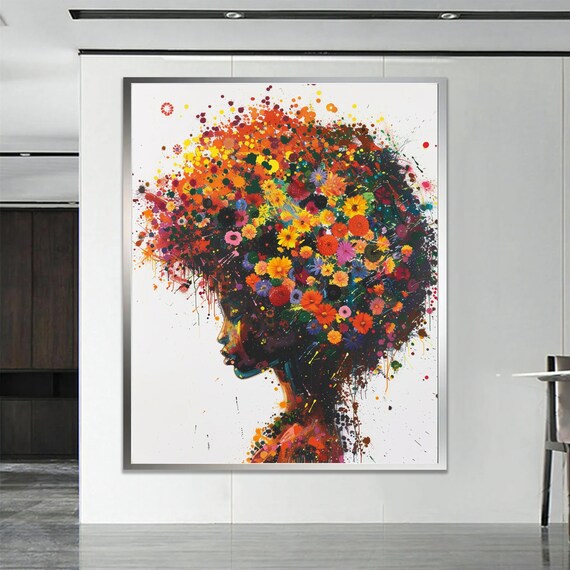 Vibrant Floral Afro Woman Silhouette Colorful Splatter Art Poster