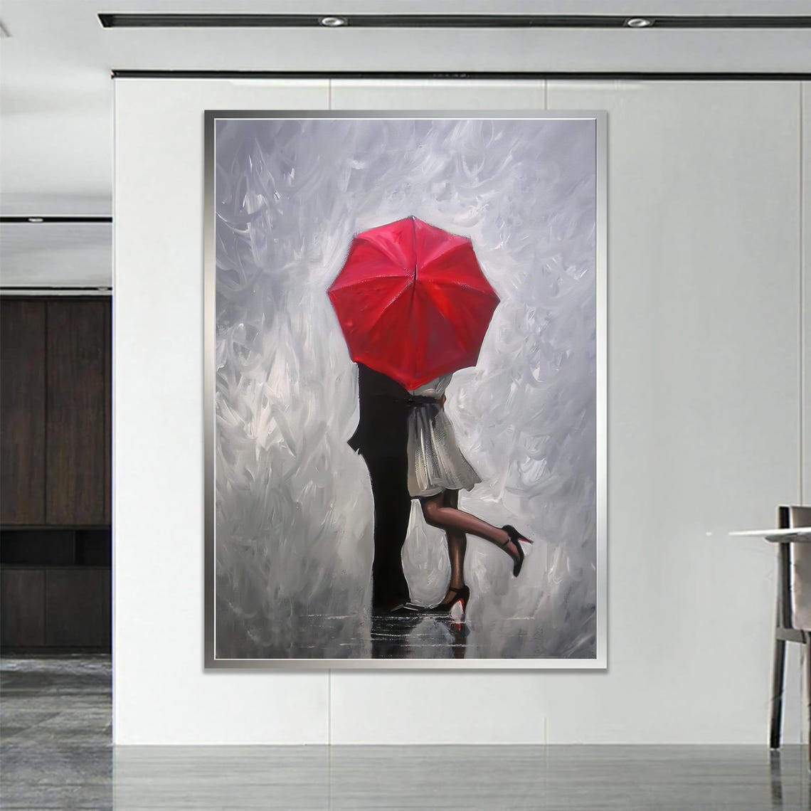 Romantic Couple Kissing Under Red Umbrella Rain Canvas Art Print