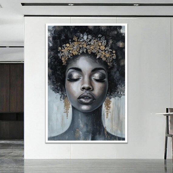 Elegant Black And Gold Woman Portrait Afro Crown Regal Art Poster