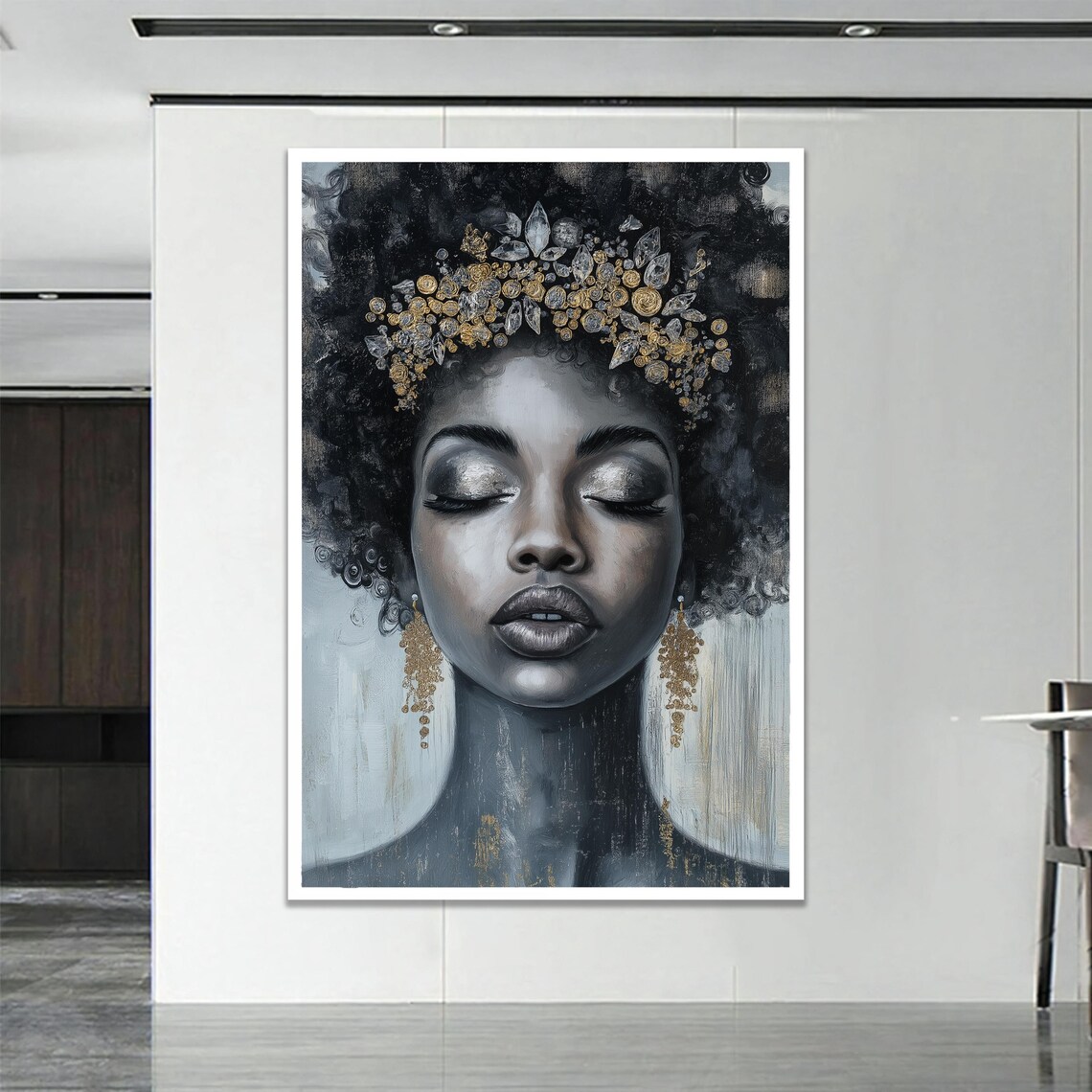 Elegant Black And Gold Woman Portrait Afro Crown Regal Art Poster