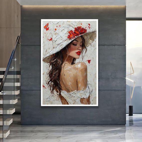 Woman Portrait Wall Art White Hat Canvas Print Elegant Female Decor