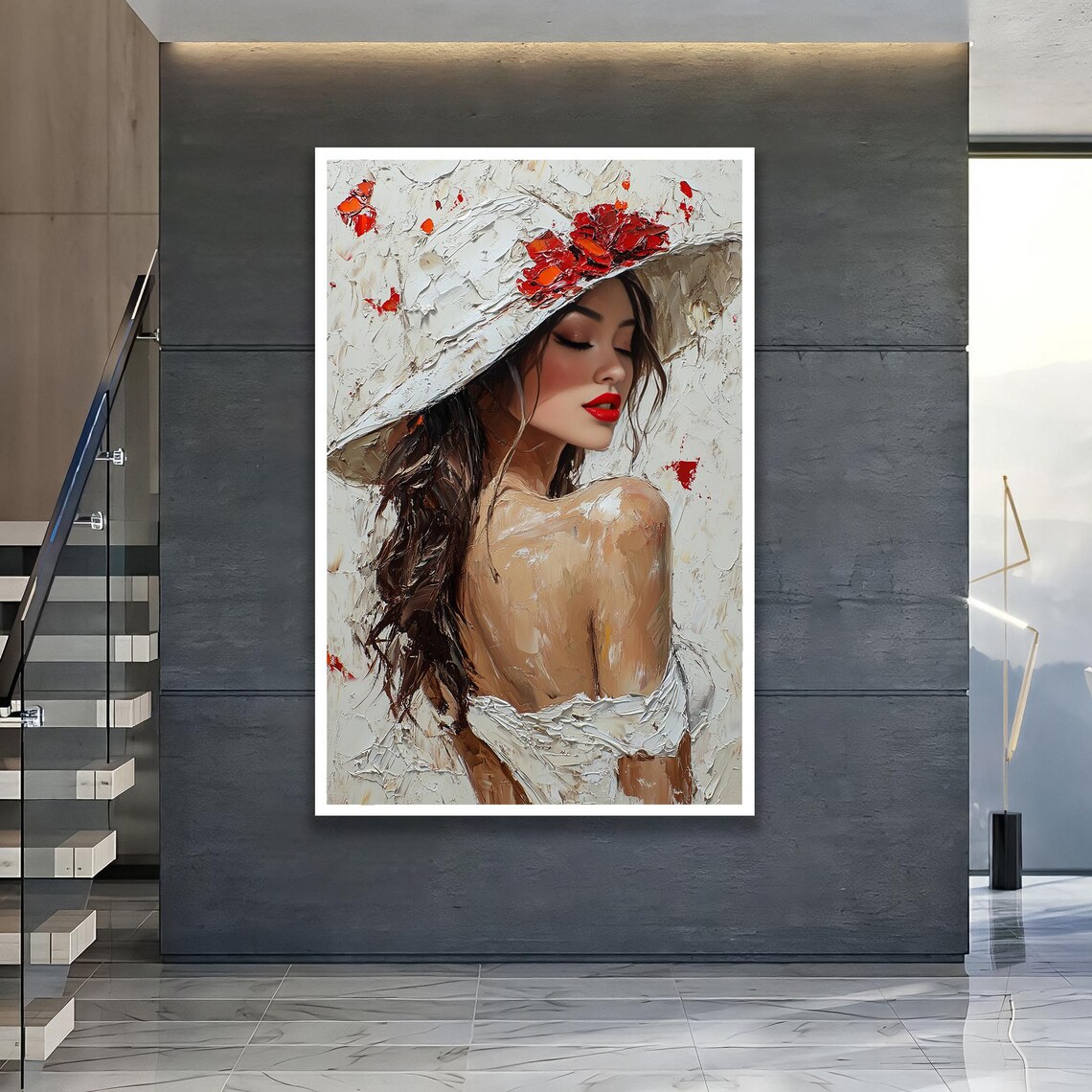 Woman White Hat Red Flowers Palette Knife Oil Painting Elegant Portrait Poster
