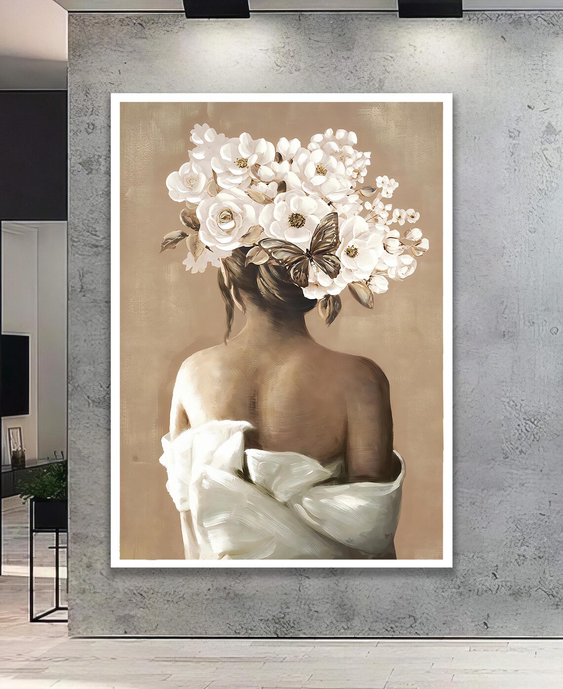 Woman White Flower Hair Back View Butterfly Beige Painting Poster