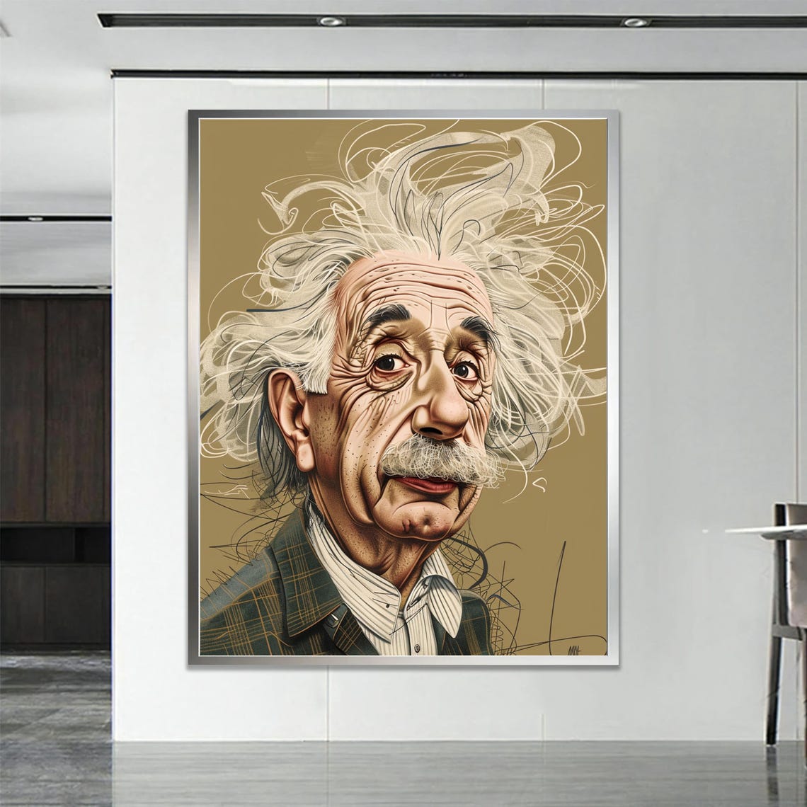 Albert Einstein Caricature Wild White Hair Quirky Genius Poster
