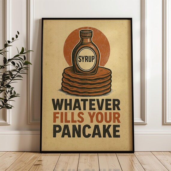 Funny Stacked Pancakes Syrup Bottle Retro Kitchen Food Art Poster