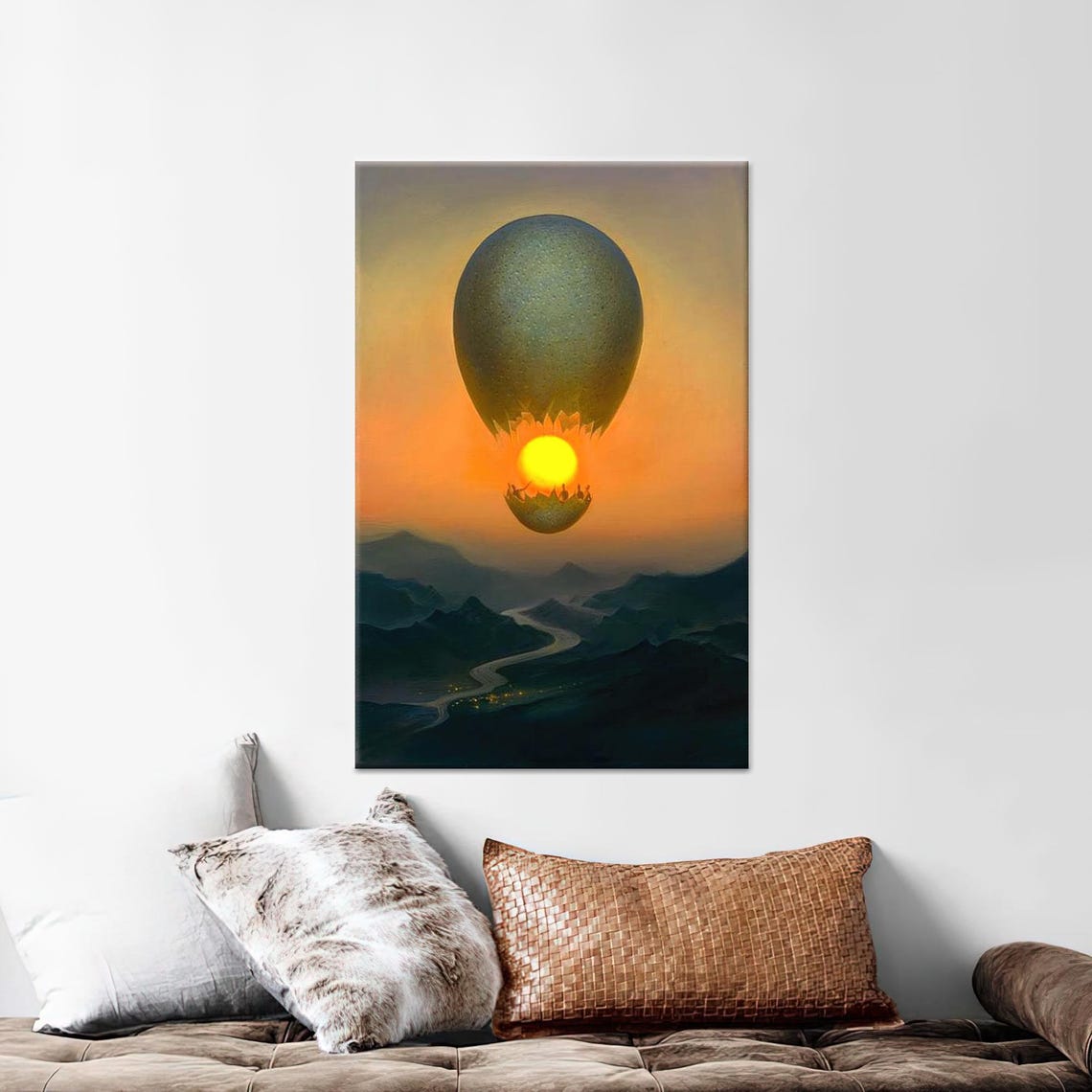 Surreal Egg Hatching Into Sun Over Mountain Valley Sunset Wall Art