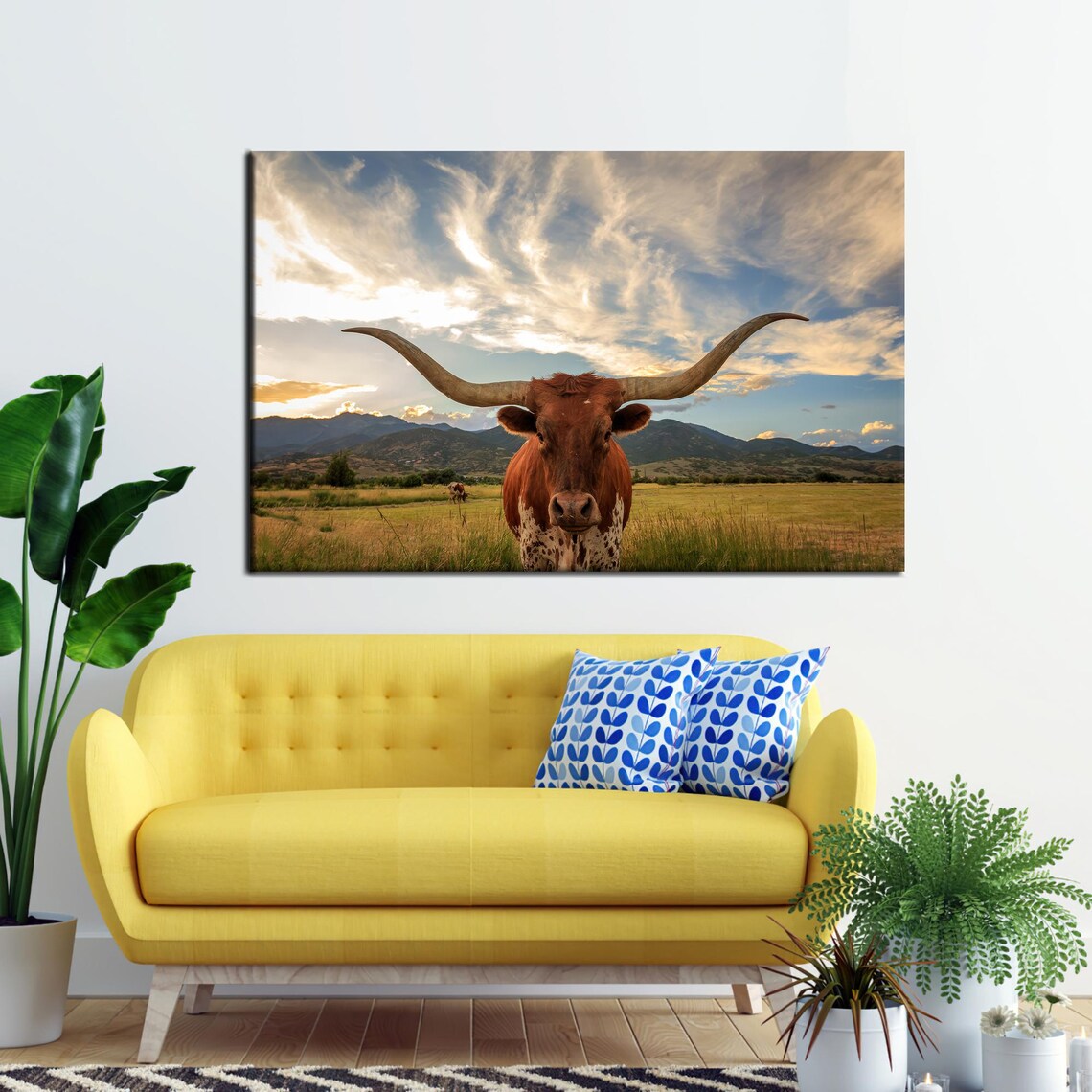 Texas Longhorn Cow Sunset Field Photography Farmhouse Wall Art
