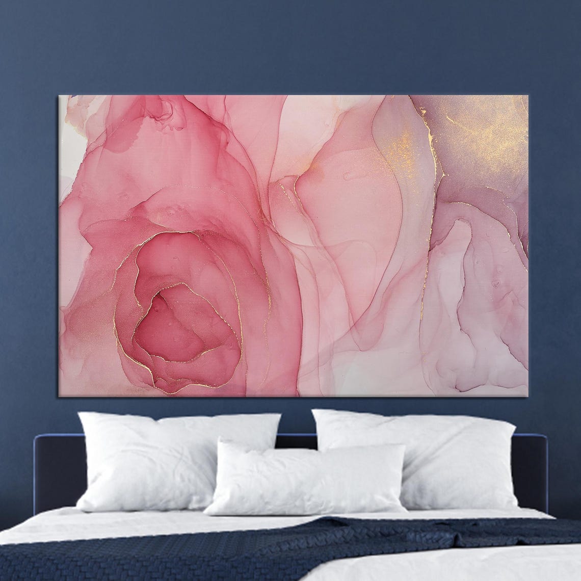 Pink Gold Alcohol Ink Abstract Marble Elegant Bedroom Wall Art