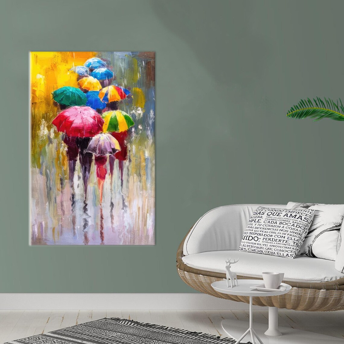 Colorful Umbrella Rain Crowd Impressionist Painting Vibrant City Art Poster