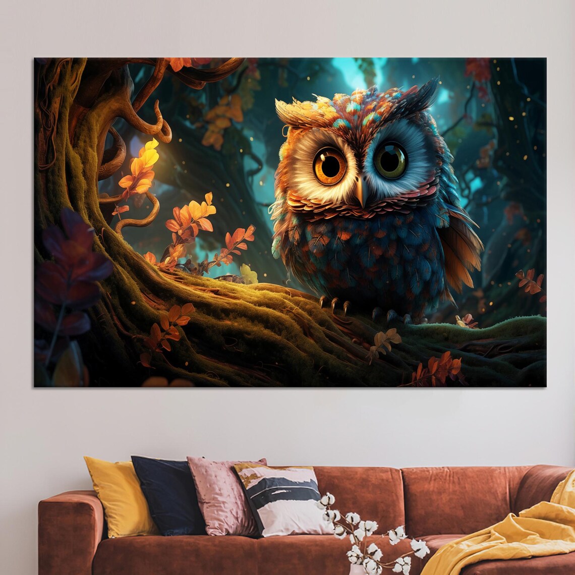 Big Eyes Owl Canvas Art Boho Minimalist Wall Decor