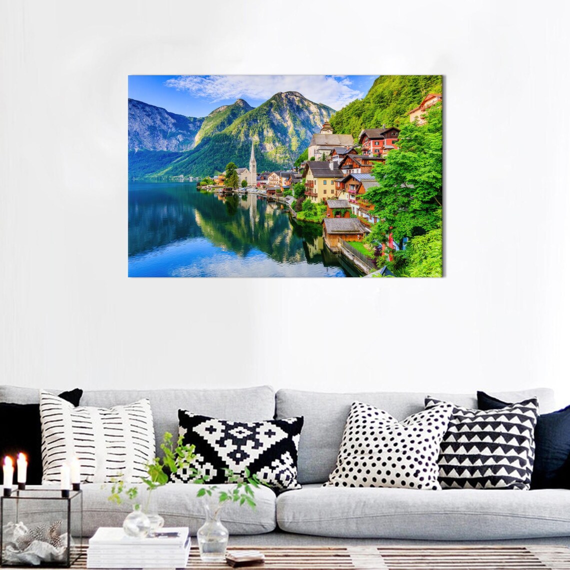 Hallstatt Austria Lakeside Village Mountain Reflection Landscape Poster
