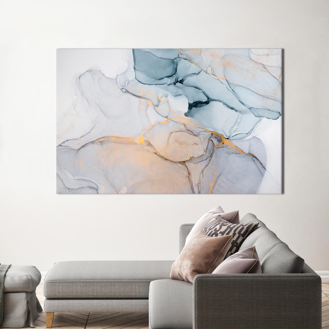 Blue Gray Alcohol Ink Marble Abstract With Gold Veins Poster