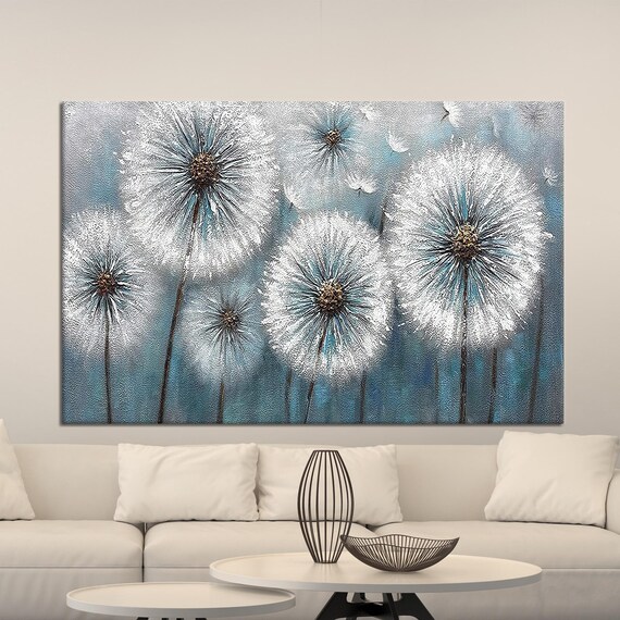 White Dandelion Seed Heads Modern Blue Gray Botanical Art Poster