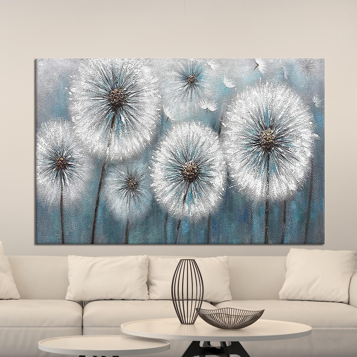 White Dandelion Seed Heads Modern Blue Gray Botanical Art Poster