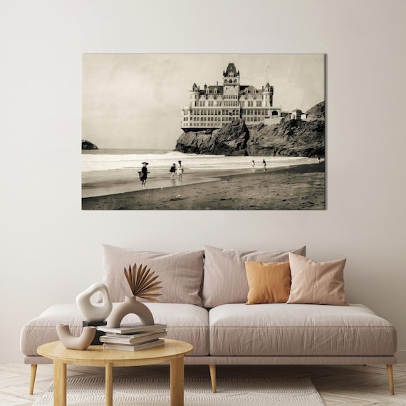 Historic San Francisco Cliff House Vintage Black White Beach Photo Poster