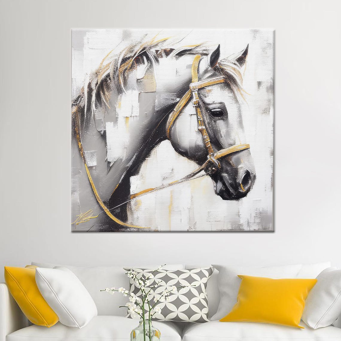 Abstract White Horse Head Gold Bridle Painterly Equine Wall Art Decor