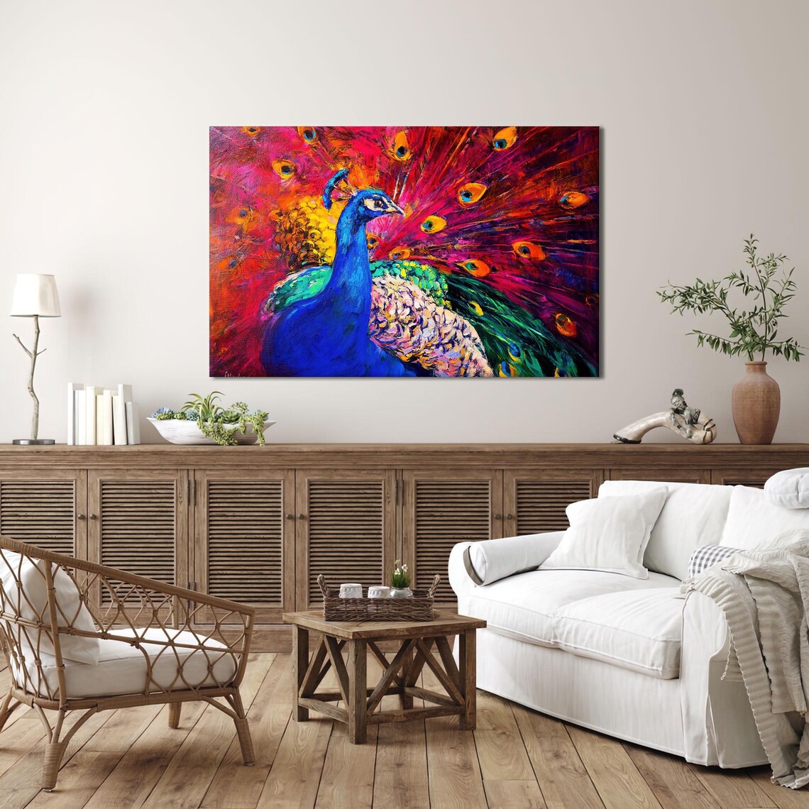 Vibrant Peacock with Fanned Tail Colorful Oil Painting Poster