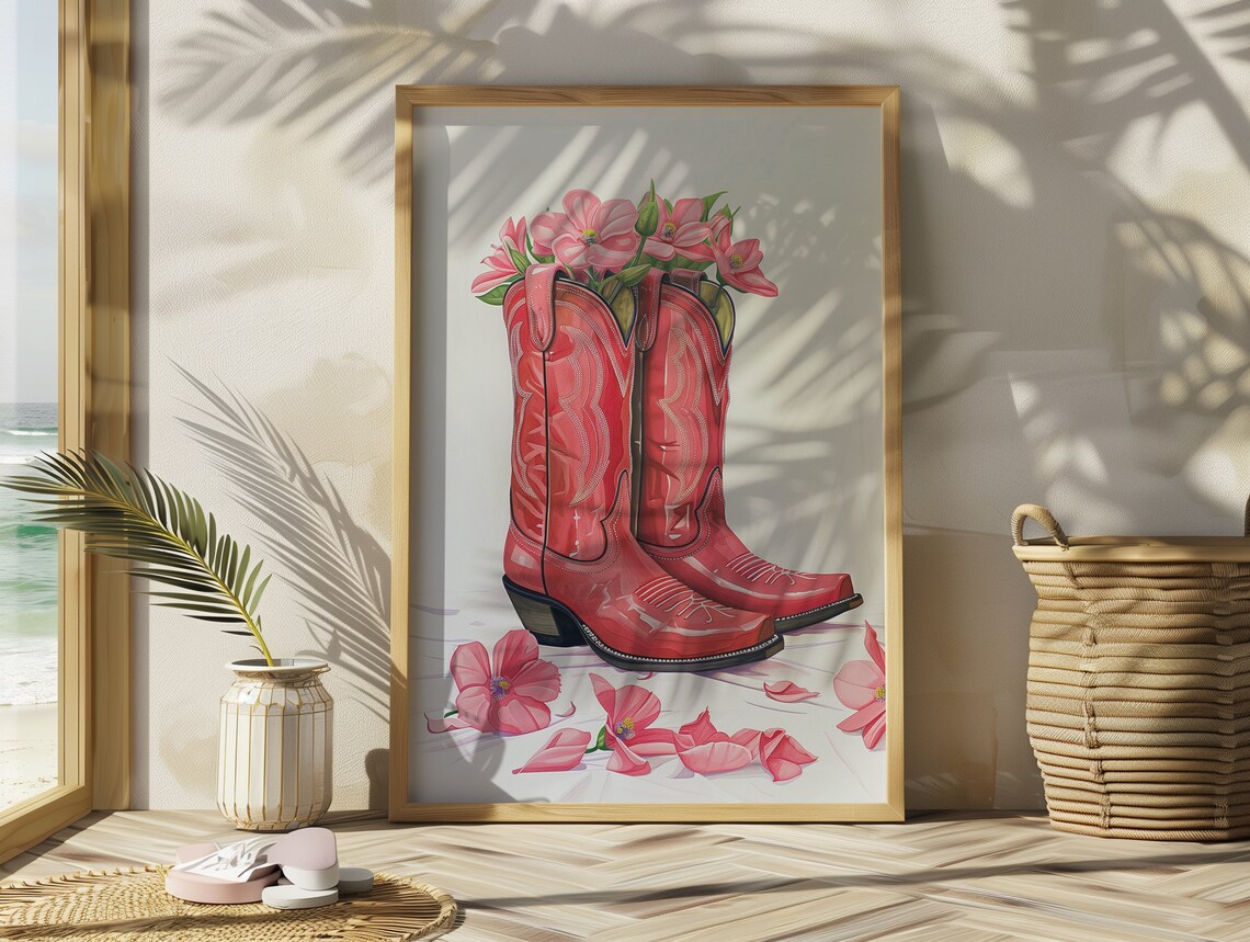 Red Cowboy Boots With Pink Flowers Coastal Cowgirl Art Poster - Image 3