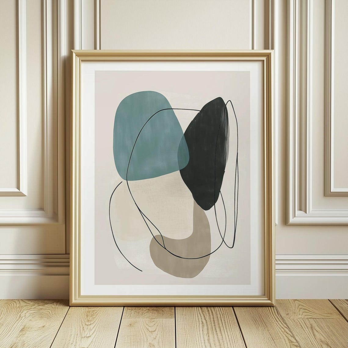 Teal Black and Taupe Organic Shapes Minimalist Line Abstract Poster - Image 3