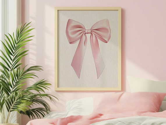 Trendy Pink Bow Dorm Print Retro Boho Coquette Aesthetic Decor Girly Nursery Wall Art French Pastel Hair Bow Poster