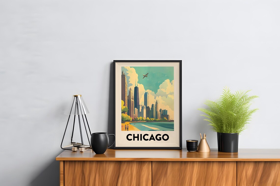 Vintage Chicago Travel Poster Skyline Over Lake Michigan View - Image 2
