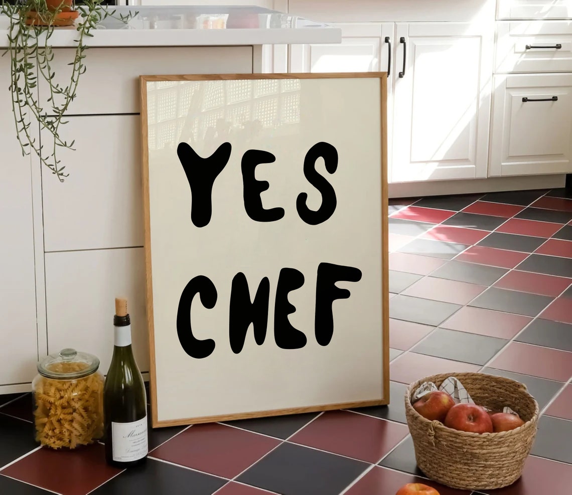 Yes Chef Bold Black Wavy Hand Lettering Cream Kitchen Wall Art