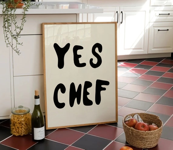 Yes Chef Trendy Black Wall Art Kitchen Decor Cute Cooking Bar Cart Poster Hand Drawn Minimalistic Typography Print