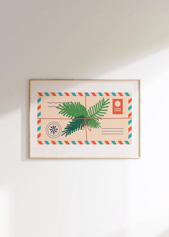 Christmas Airmail Envelope Pine Postcard Holiday Winter Poster