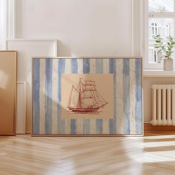 Vintage Striped Sailboat Art Print, Coastal Decor