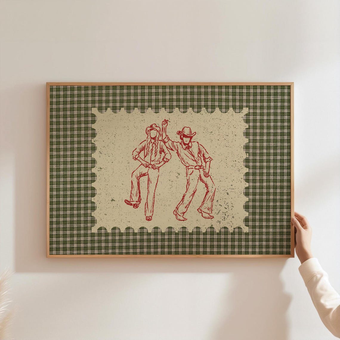 Red Line Dancing Cowboy Couple Green Gingham Stamp Art Poster