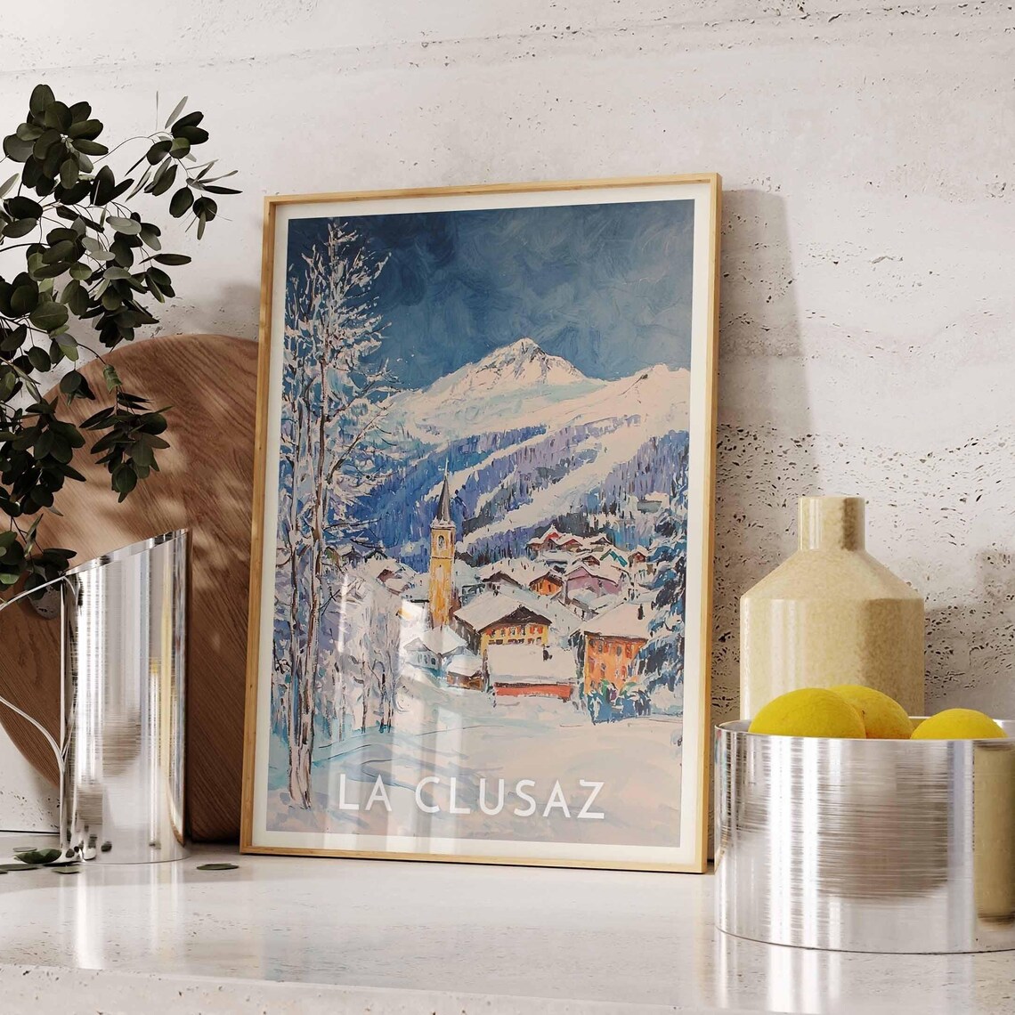 La Clusaz Church Spire Poster with Village under Night Blue Sky