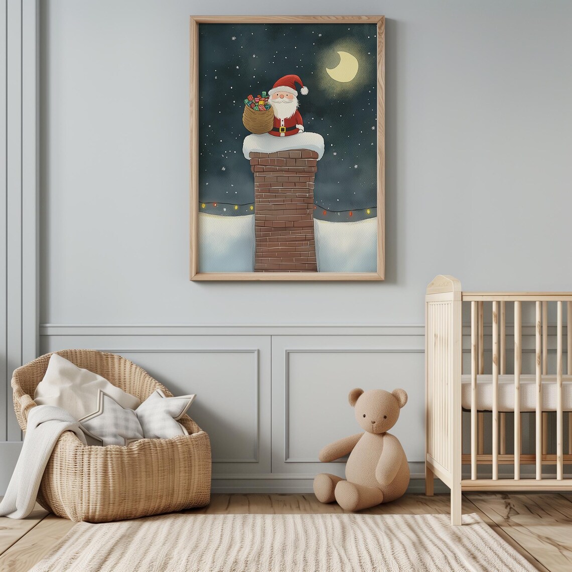 Santa Claus Chimney Starry Night Christmas Moon Watercolor Poster - Image 4