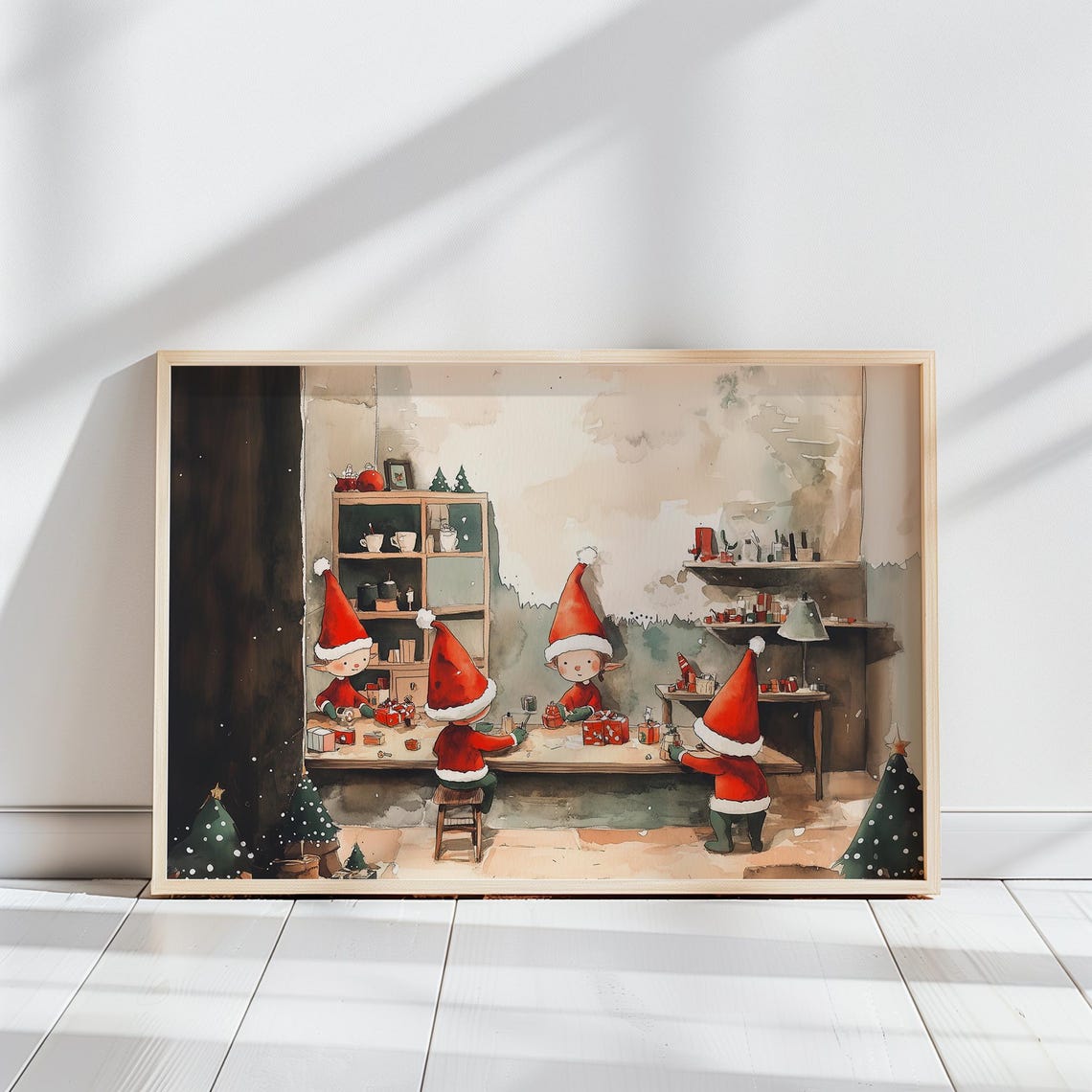 Santas Workshop Christmas Elves Wrapping Gifts Watercolor Poster - Image 2