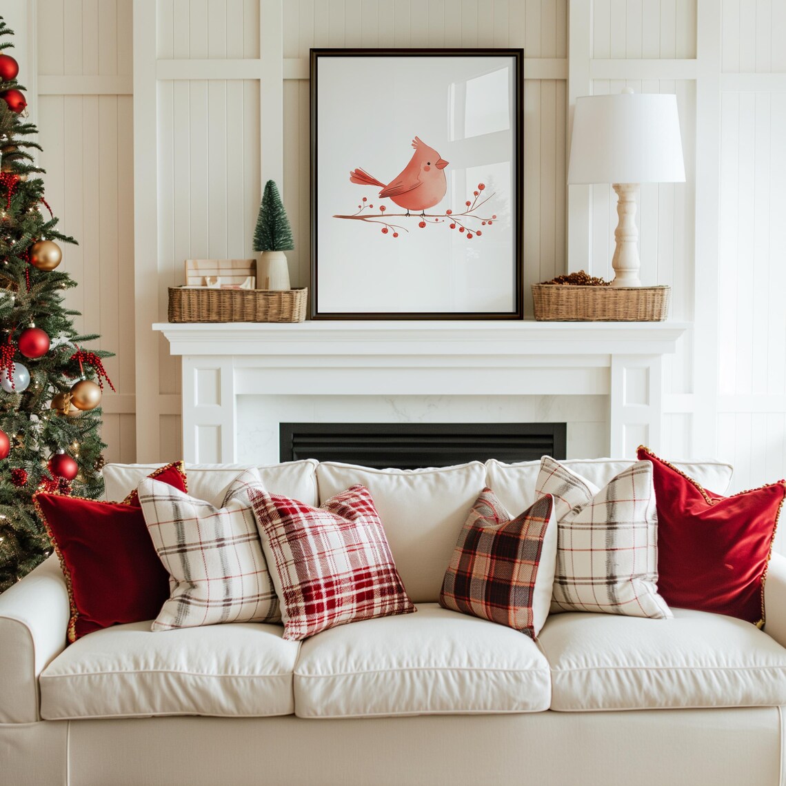 Red Cardinal Berry Branch Watercolor Winter Bird Nursery Poster - Image 3
