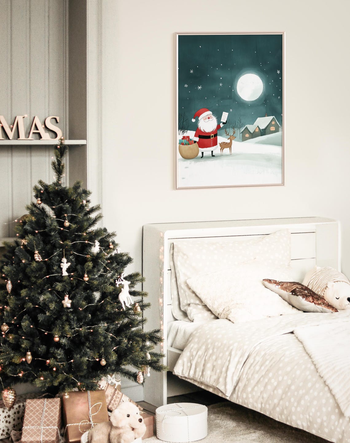 Santa Claus With Gift Sack and Reindeer Under the Full Moon Print - Image 4
