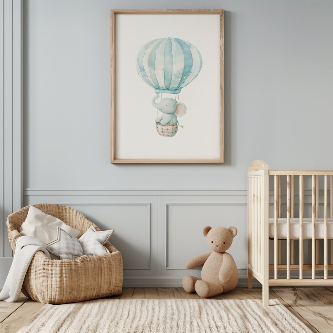 Baby Elephant Blue Hot Air Balloon Boy Nursery Watercolor Poster - Image 3