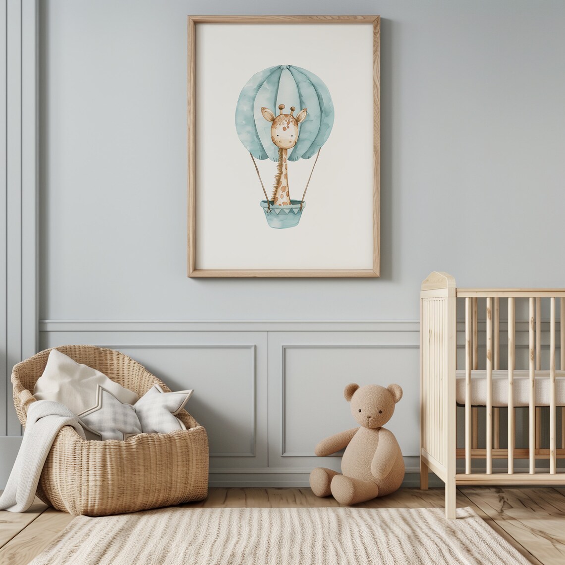Giraffe Hot Air Balloon Blue Watercolor Baby Nursery Wall Art - Image 3