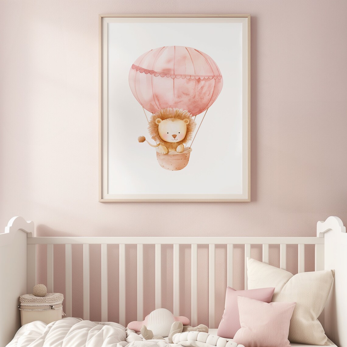 Lion Cub Pink Hot Air Balloon Baby Girl Nursery Watercolor Poster - Image 3