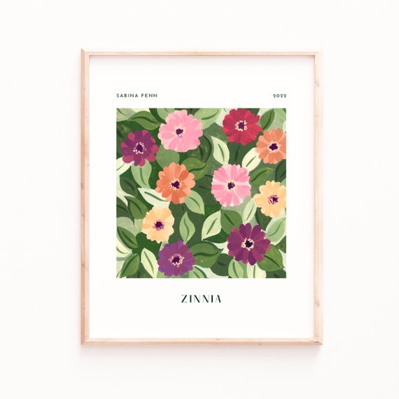 Zinnia Vintage Floral Poster Print, Kitchen Decor