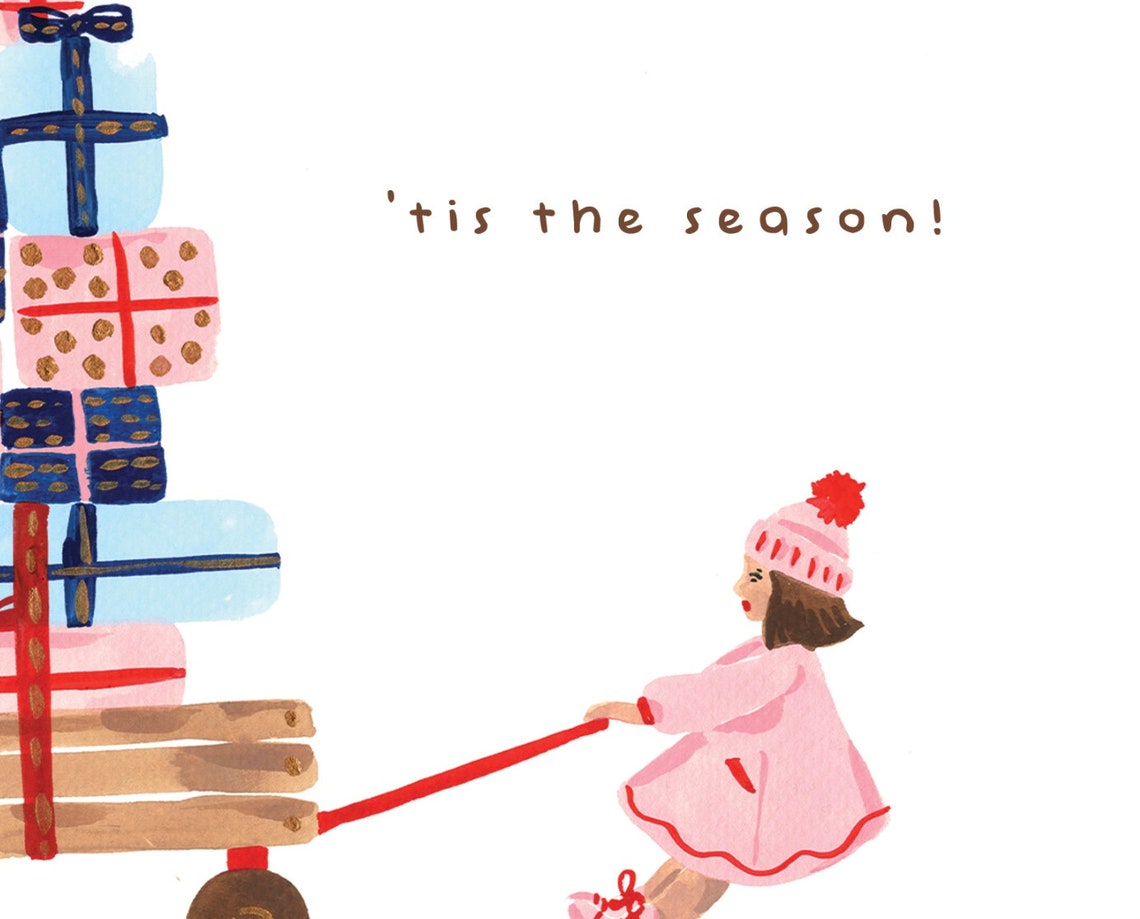 Girl Pulling Gift Wagon Tis The Season Christmas Card Holiday Print - Image 3