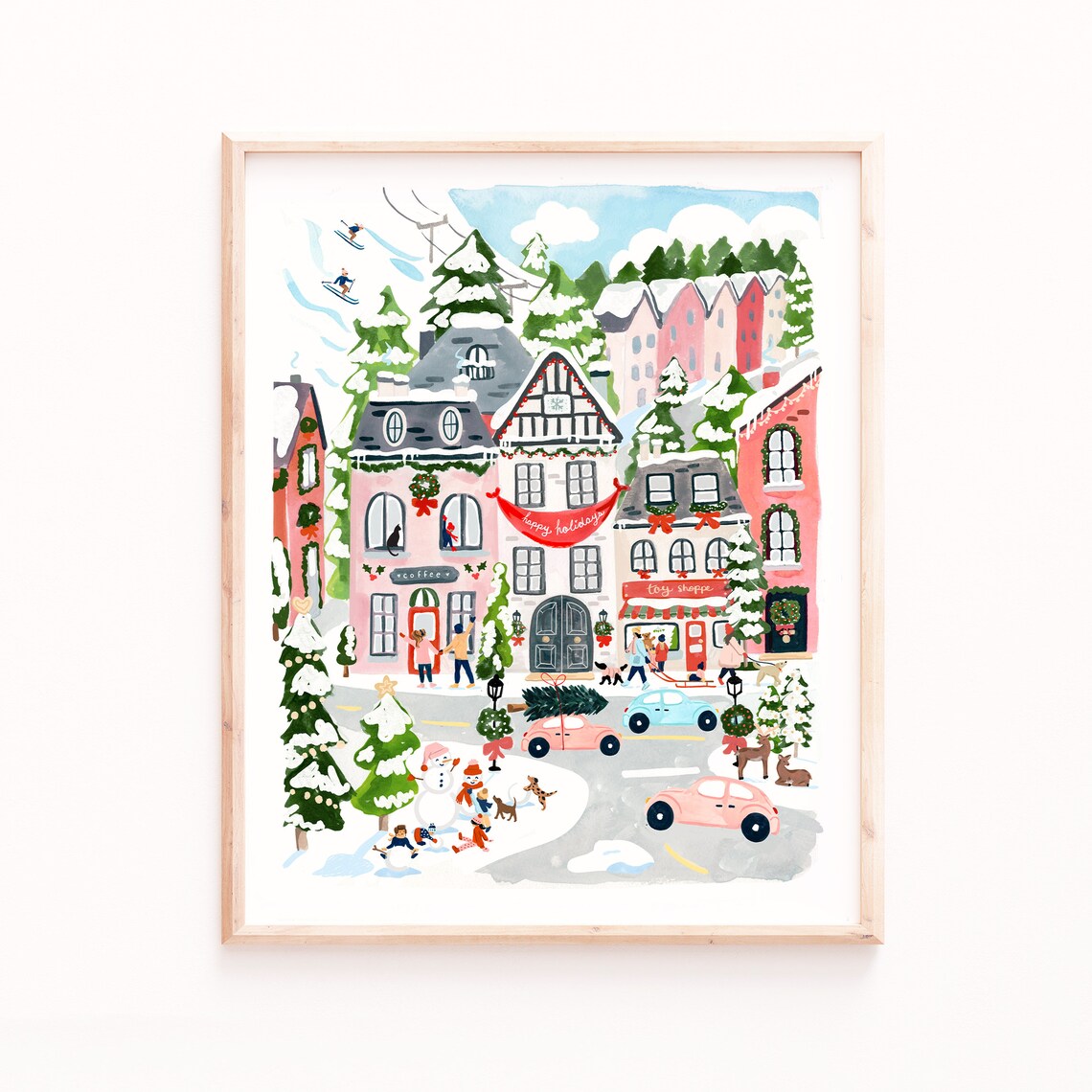 Christmas Village Art Print, Holiday Watercolor Gouache