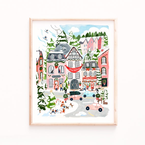 Christmas Village Art Print, Holiday Watercolor Gouache